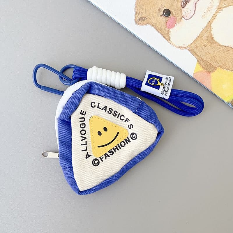 [triangle white smiley face-blue edge] + dark blue label lanyard