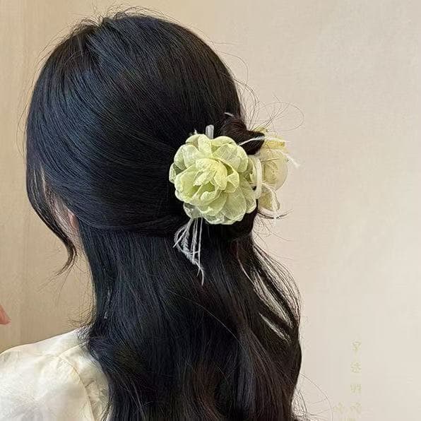 5666 burnt edge chiffon flower clip-green