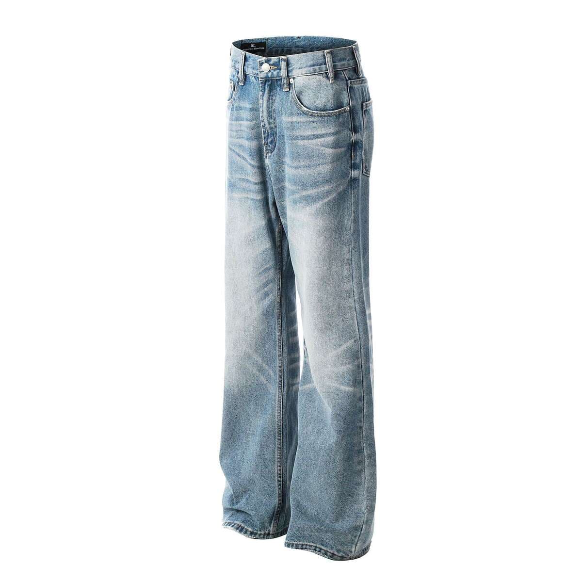 Fx067 American Retro High Street Style Unisex High-End Washed Blue Design Men's Loose Flared Jeans 2