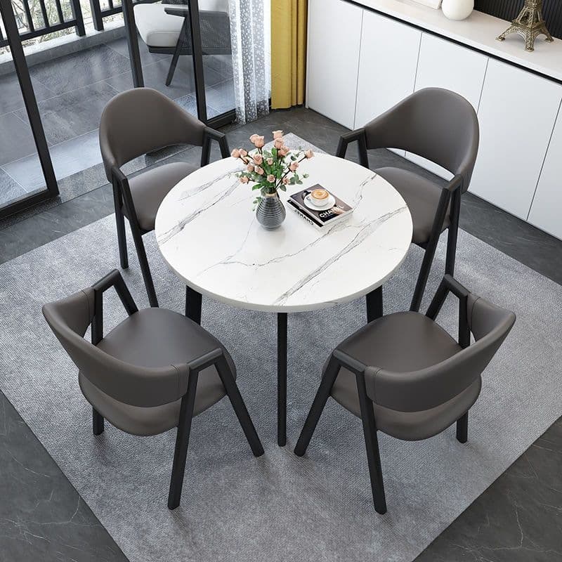 Imitation white marble table + dark gray leather chair