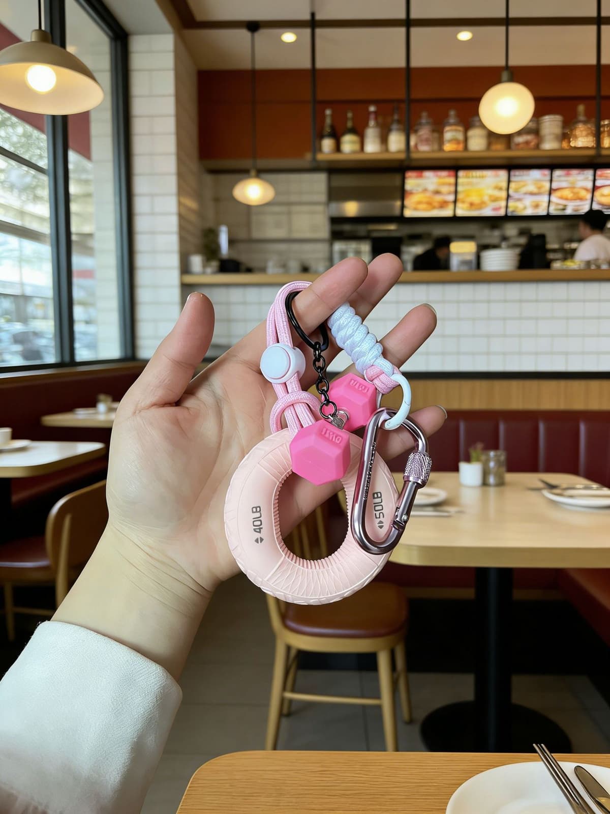 Pink grip ring + lanyard + carabiner + pink barbell