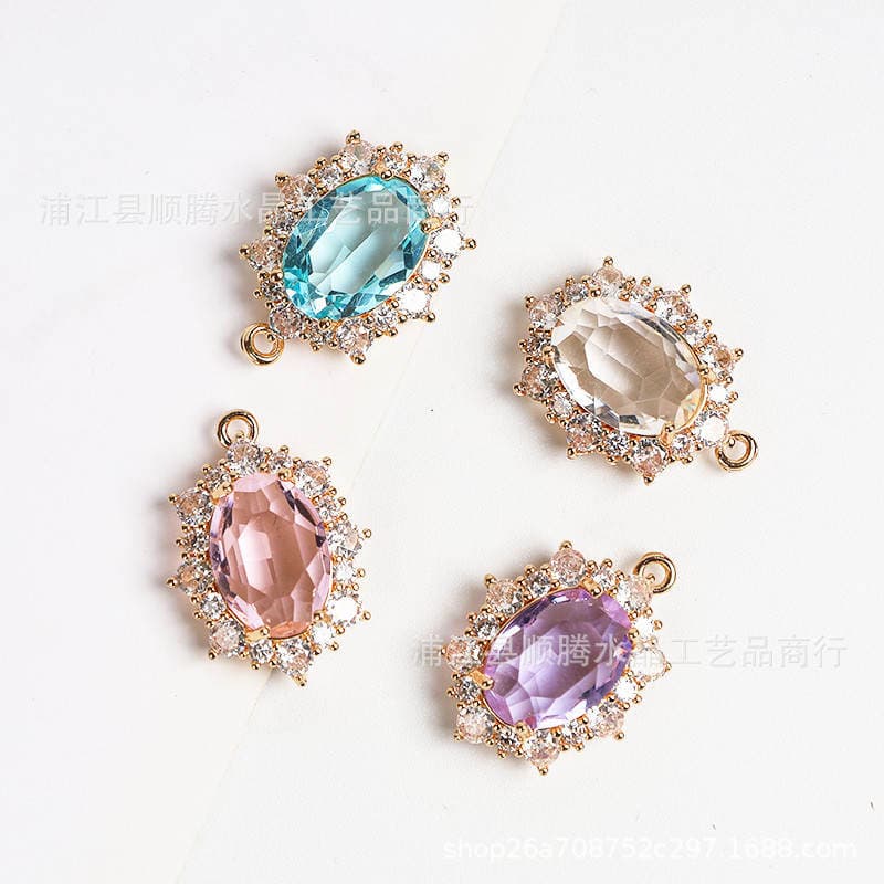 diy accessories micro inlaid zircon glass retro oval copper gold plated pendant necklace clavicle chain earrings material wholesale 3