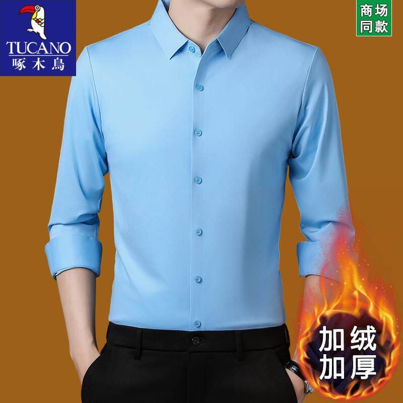 Fleece-Lined Men's Long-Sleeved Winter New Style Business Non-Iron Wrinkle-Resistant Thickened Warm Shirt for Middle-Aged Men