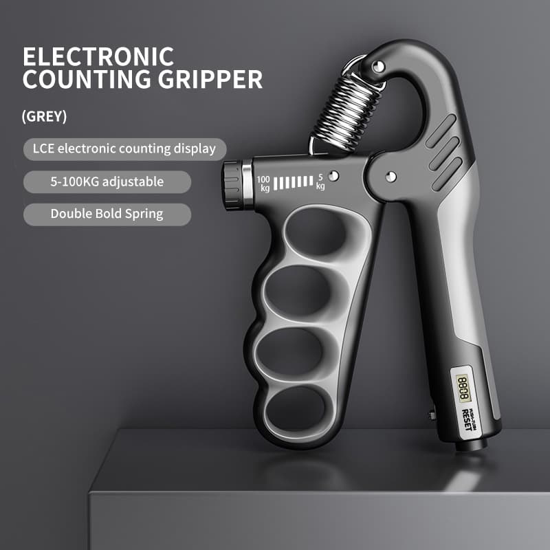 Five-finger hand grip strengthener with electronic counter - black/gray