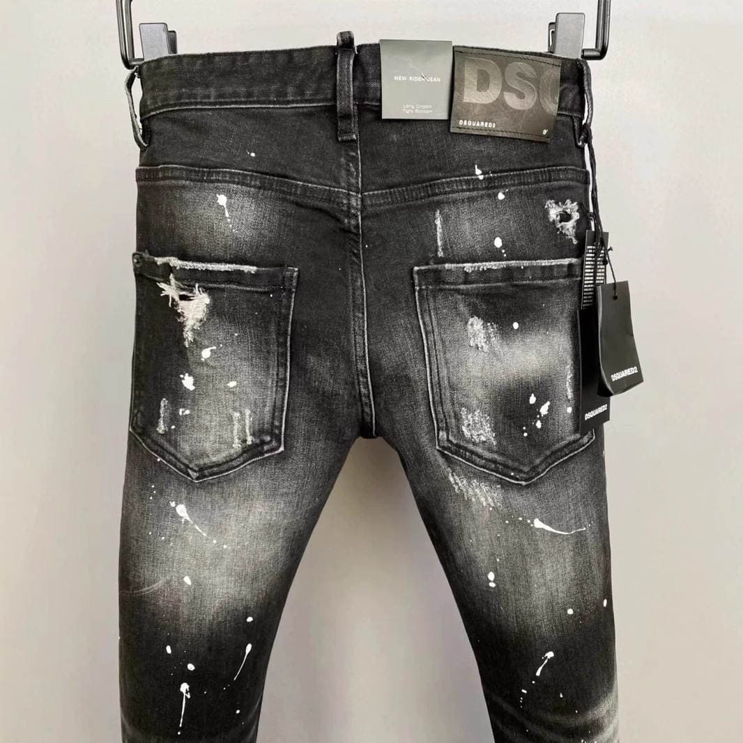 2026 Summer New Style D2 Trendy Men's Washed Distressed Patchwork Paint Slim-Fit Skinny Black Jeans for Men 4