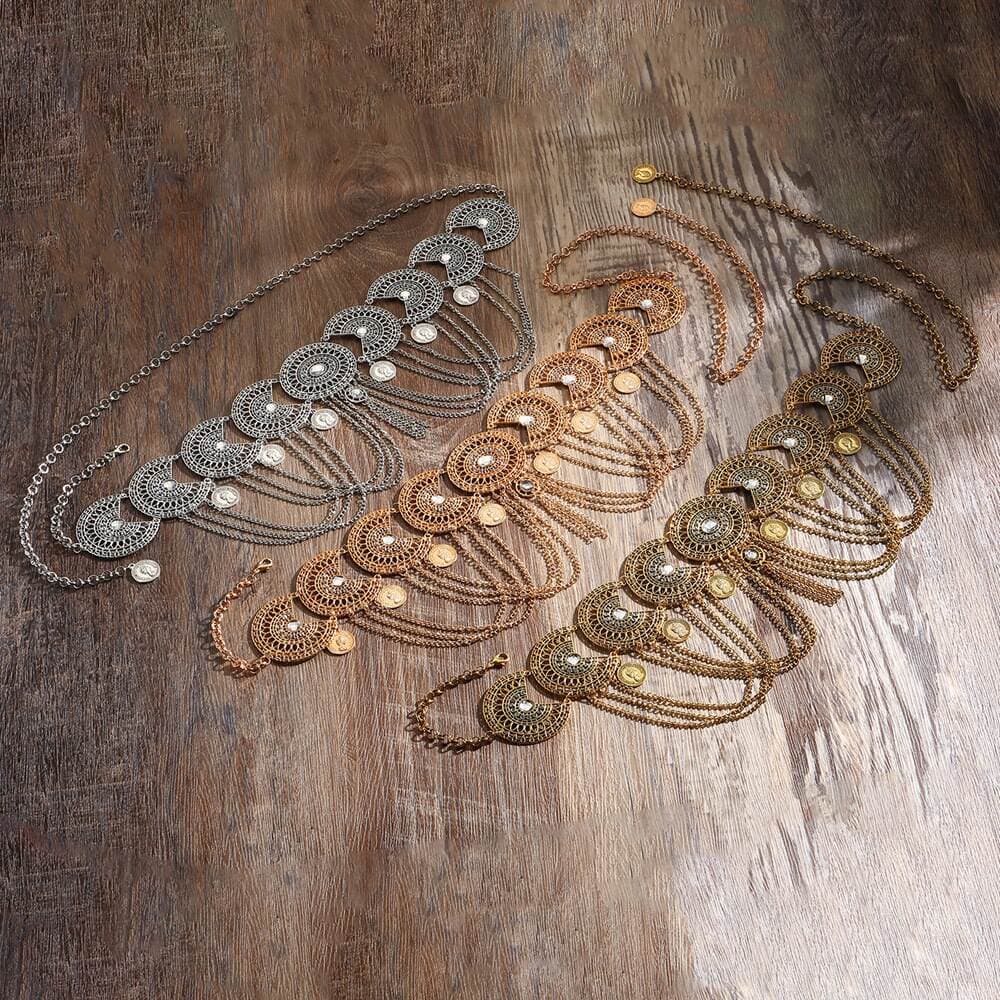 Alien Ethnic Style Waist Decoration Retro Alloy Hollow Carved Rhinestone Coin Tassel Waist Chain Women's Skirt Hanfu Accessories 2