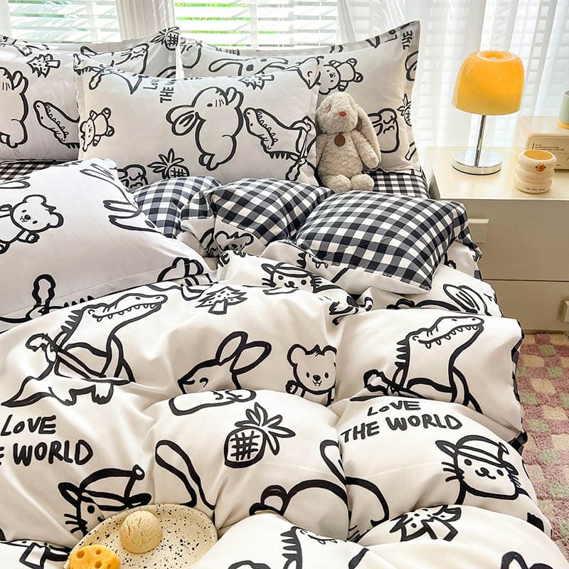 Cartoon bedding quilt cover student dormitory three-piece quilt set 4-piece skin-friendly wash cotton four-piece set clearance 4