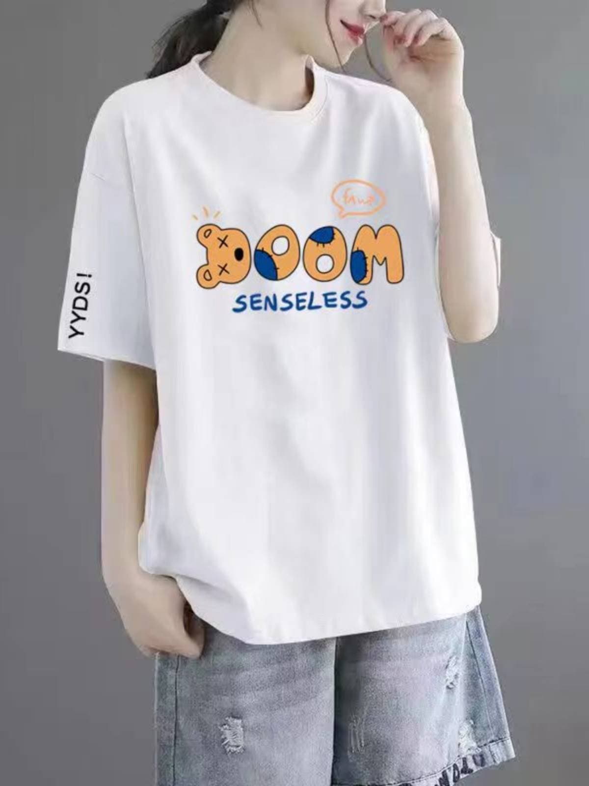 50 white tee with black sleeves [medium] - bear head lettering