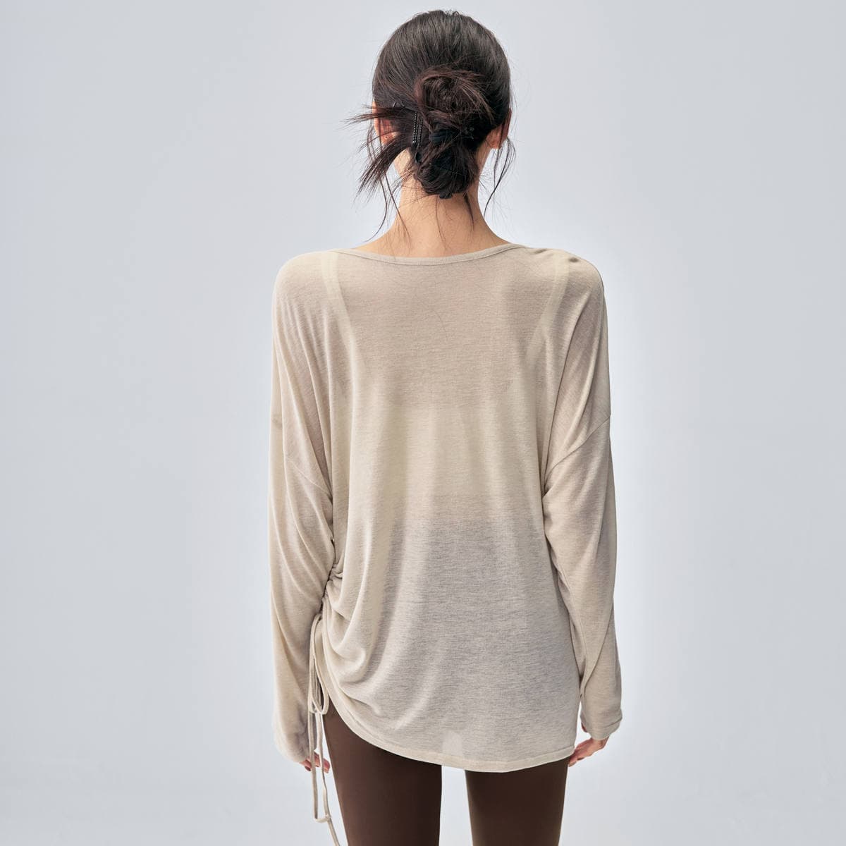Fitness Girl Loose Yoga Clothes Casual Slimming Look Pure Color Blouse V Neck Breathable Pilates Training Long Sleeves 3