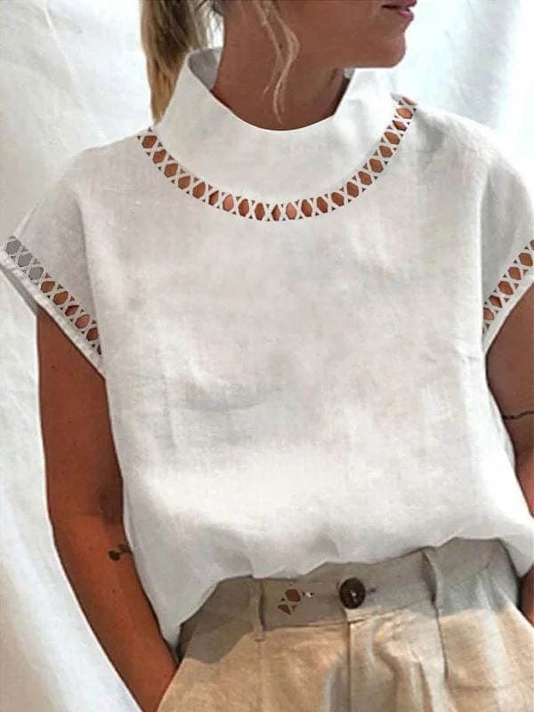 wish Independent Station Women's Solid Color Hollow Top Casual High Collar Linen Lace Breathable Shirt Spot 4