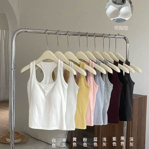 Qadınlar üçün 6626 # U-yaxalı, inteqrasiya olunmuş fincanlı, arxası çarpaz kəsimli mayka, yay üçün nazik model.