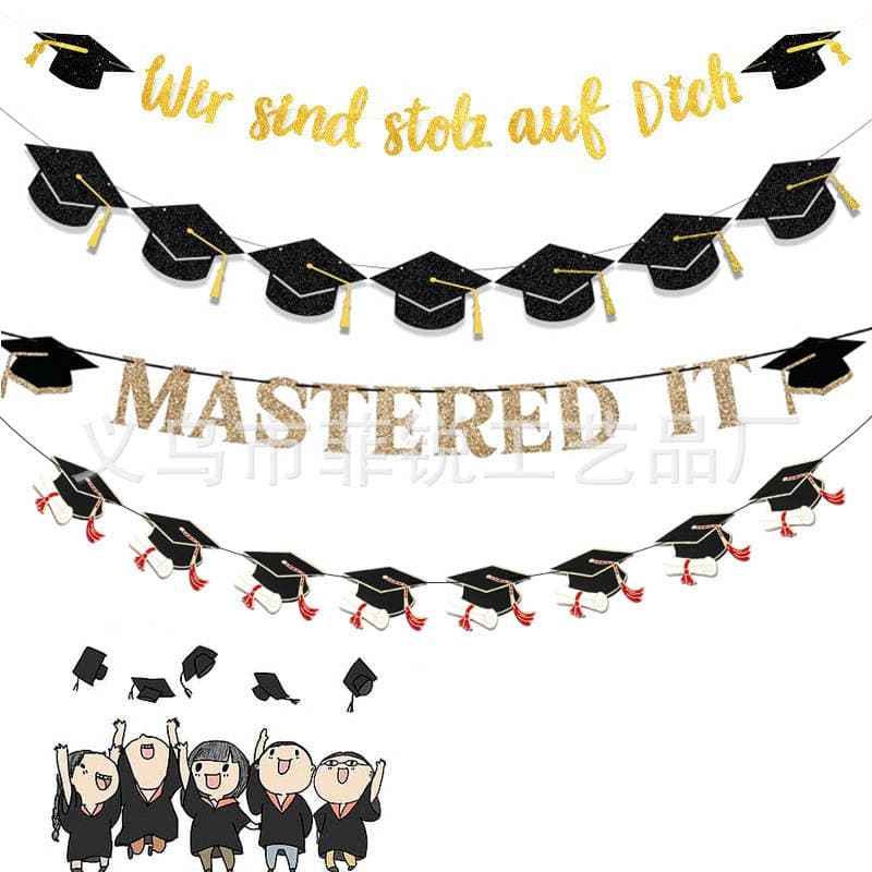 Graduation Party Decoration Supplies Banner Doctor Hat Flag wir sind stol auf dich glitter flower 1