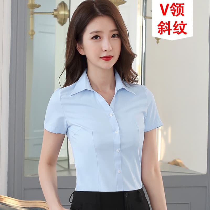 [V collar] blue twill short sleeve