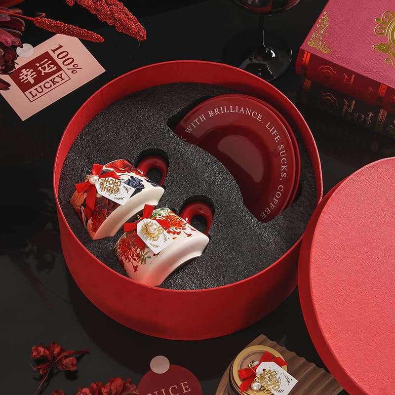 Matching cups - watercolor epiphyllum + pomegranate flower cup and saucer set [red round gift box]