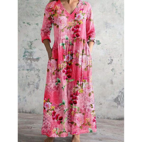 Amazon Cross-Border 2024 Summer New European and American Women's Loose Fashion High-End V-Neck Printed Dress