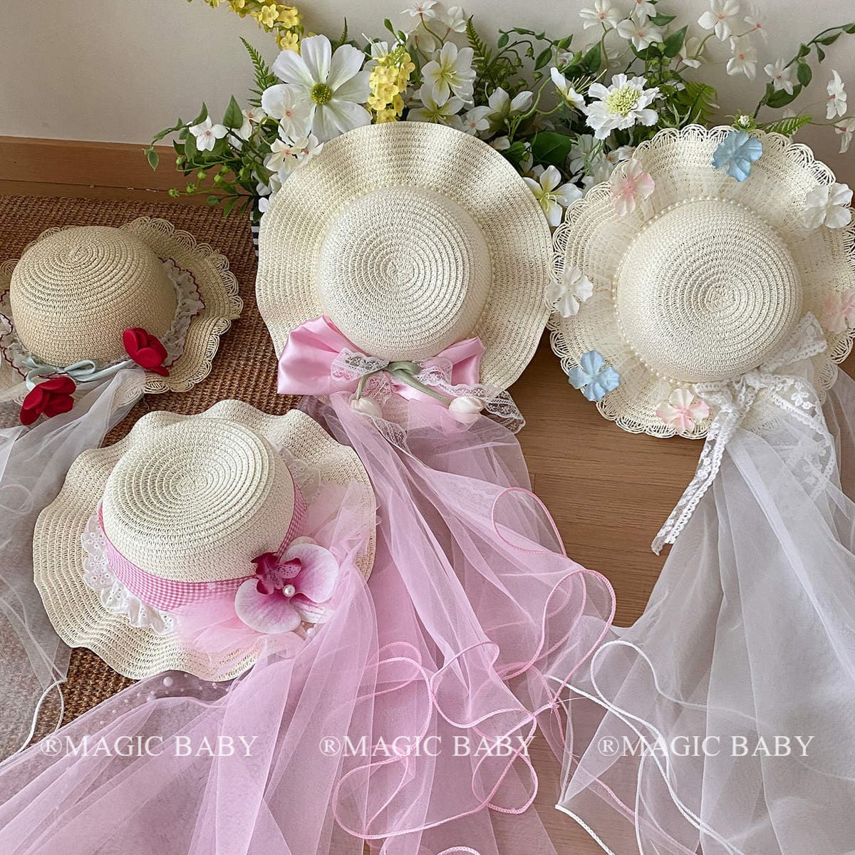 Children's forest-style sweet pink bow tulip veil hat, girls' sun protection straw hat, beach sun hat 1