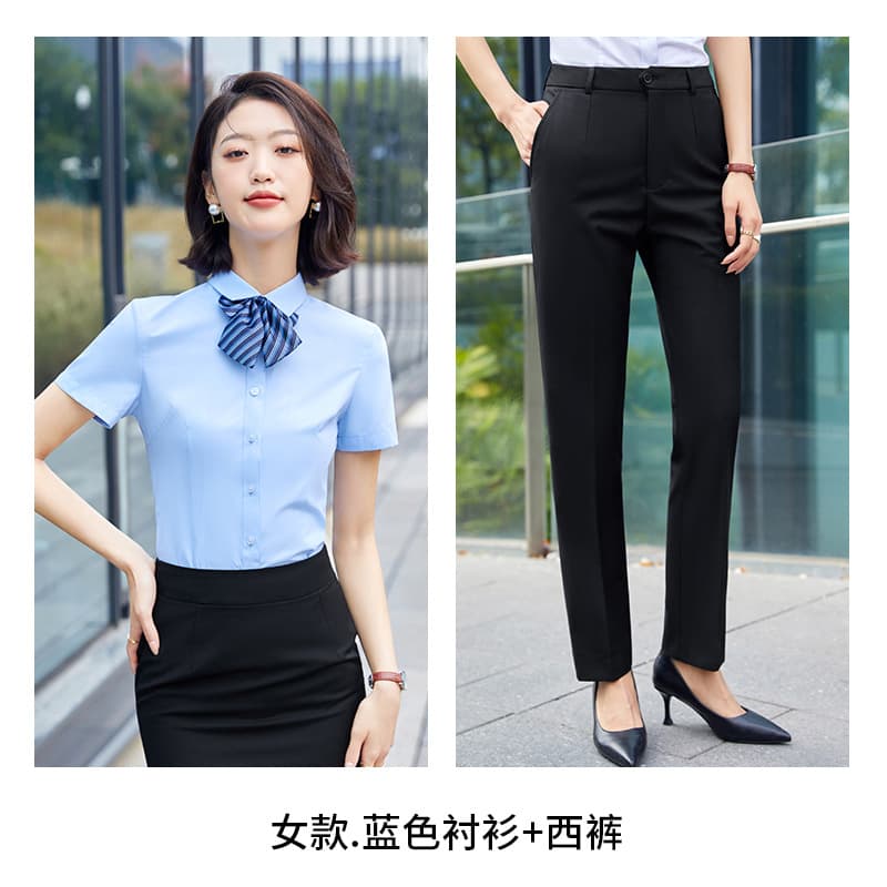[female] blue short-sleeved shirt + black pants