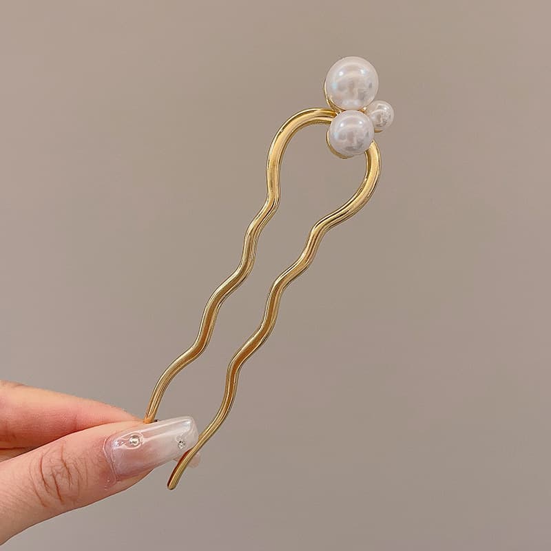 7#Golden pearl wavy u-shaped hairpin about 12cm
