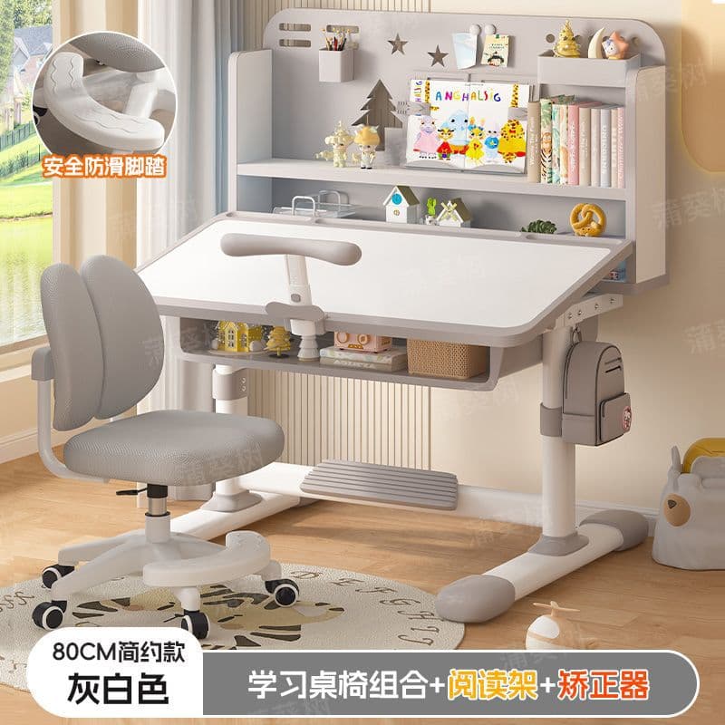 Premium grey [tilting desktop + dual back glides + reading rack + study stand] two-zone bookshelf