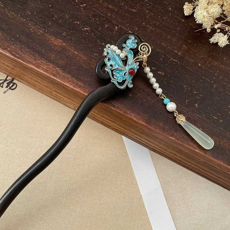Burnt blue butterfly pearl pendant hairpin [ebony]