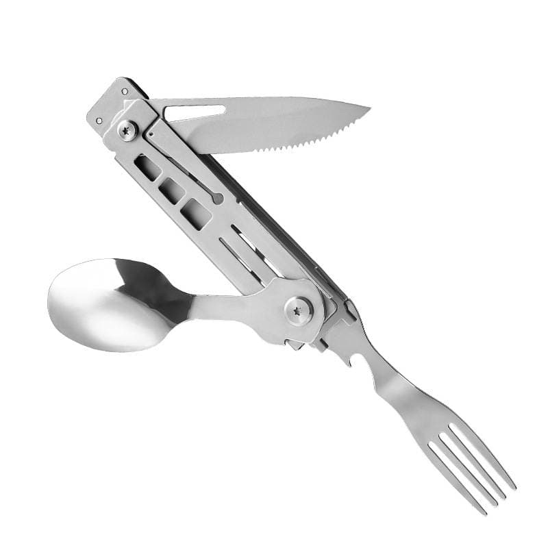 Stainless Steel 5-in-1 Multifunctional Outdoor Cutlery Set, Folding Knife, Fork, Spoon, Bottle Opener, Portable Camping Dining Set 4