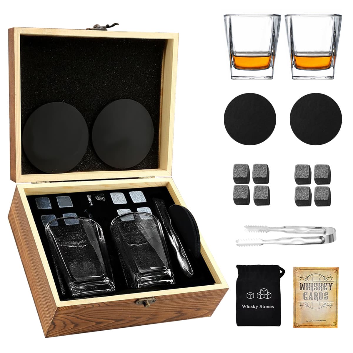 Wooden box square cup double cup whiskey 2 cups 8 stone felt pad coaster