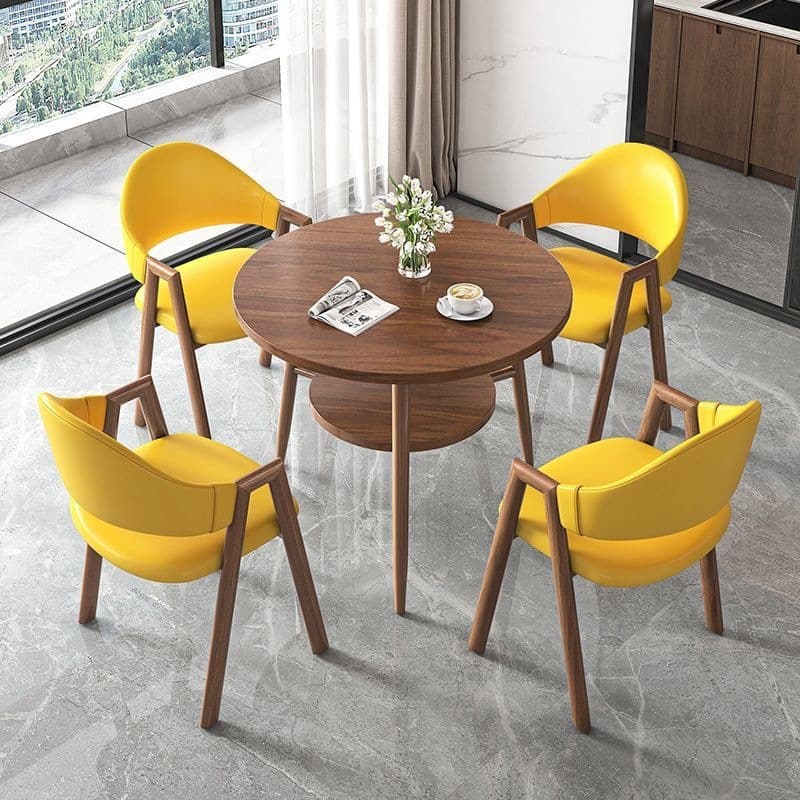 Round table + 4 yellow leather chairs - walnut legs