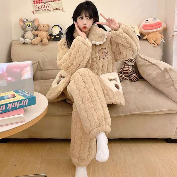 Qadınlar üçün Üçqat Qalınlaşdırılmış Mərcan Məxmər Pijama Dəsti, İsti, Cizgi Filmi, Ev/Çöl üçün