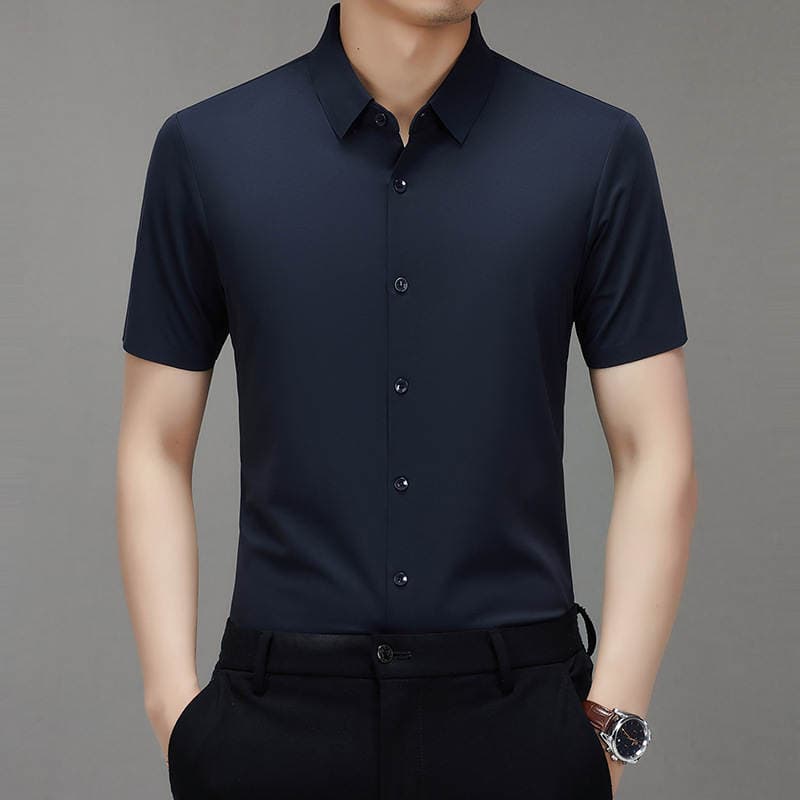 Summer men's seamless shirt, anti-wrinkle, no-iron, solid color, short-sleeved casual top for middle-aged men 2