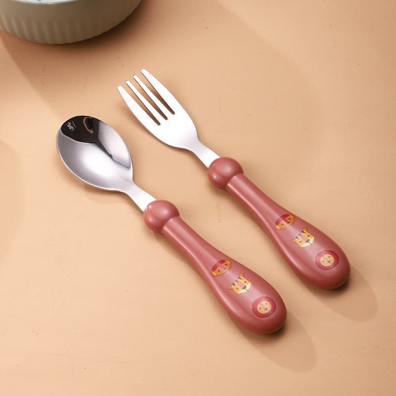 Maroon-colored spoon and fork