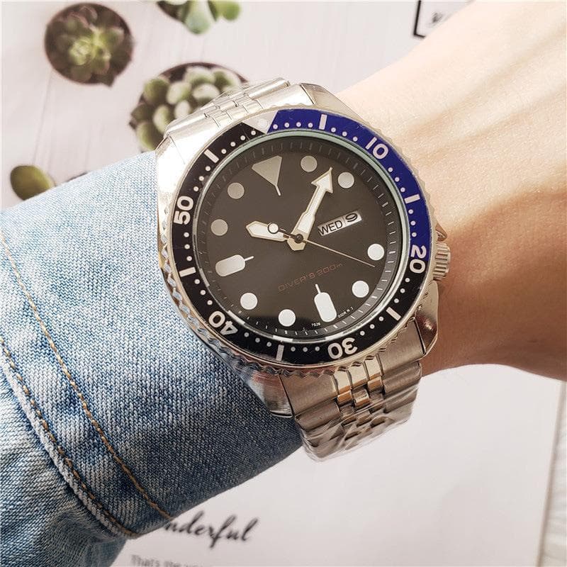 White shell black blue circle steel belt