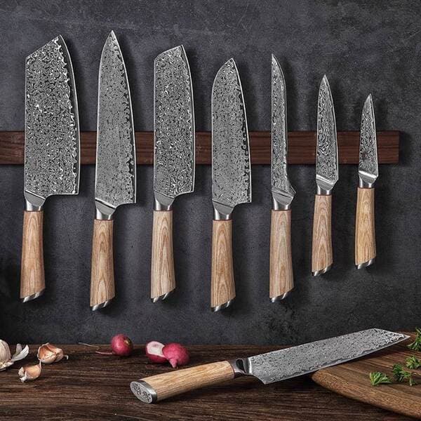 Cross-Border Damascus Steel Chef's Knife with Natural Wood Handle, Vg10 Steel Core, Boning, Santoku, Vegetable, and Fruit Knife in Stock