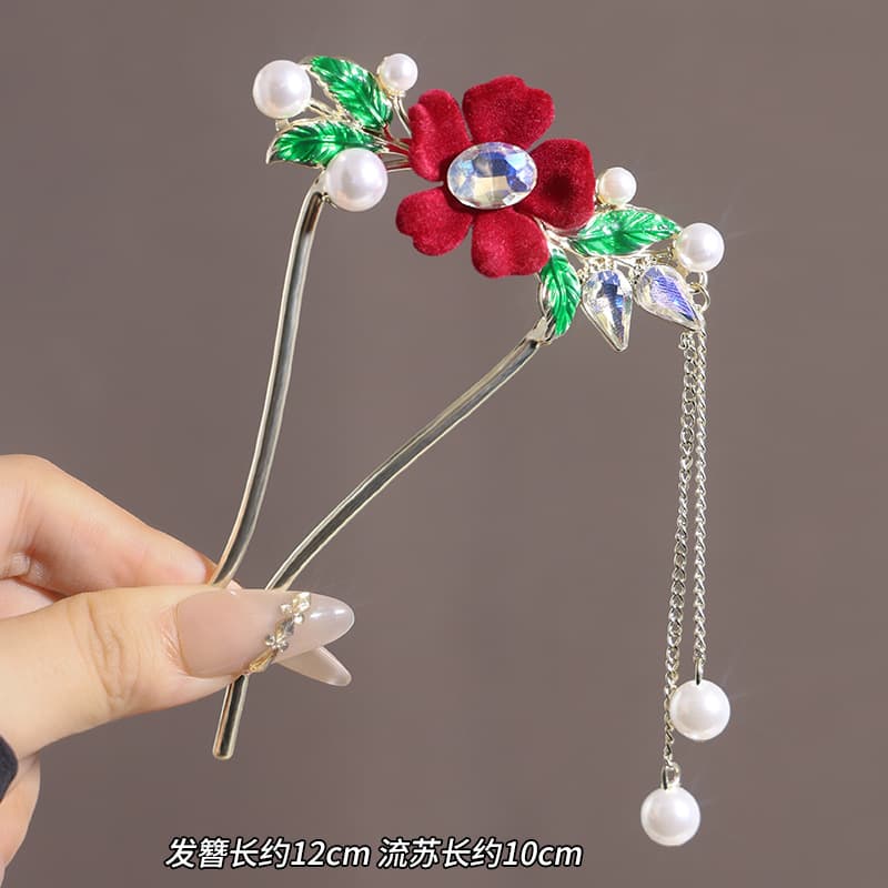 Red flocked crystal flower u-shaped double fork