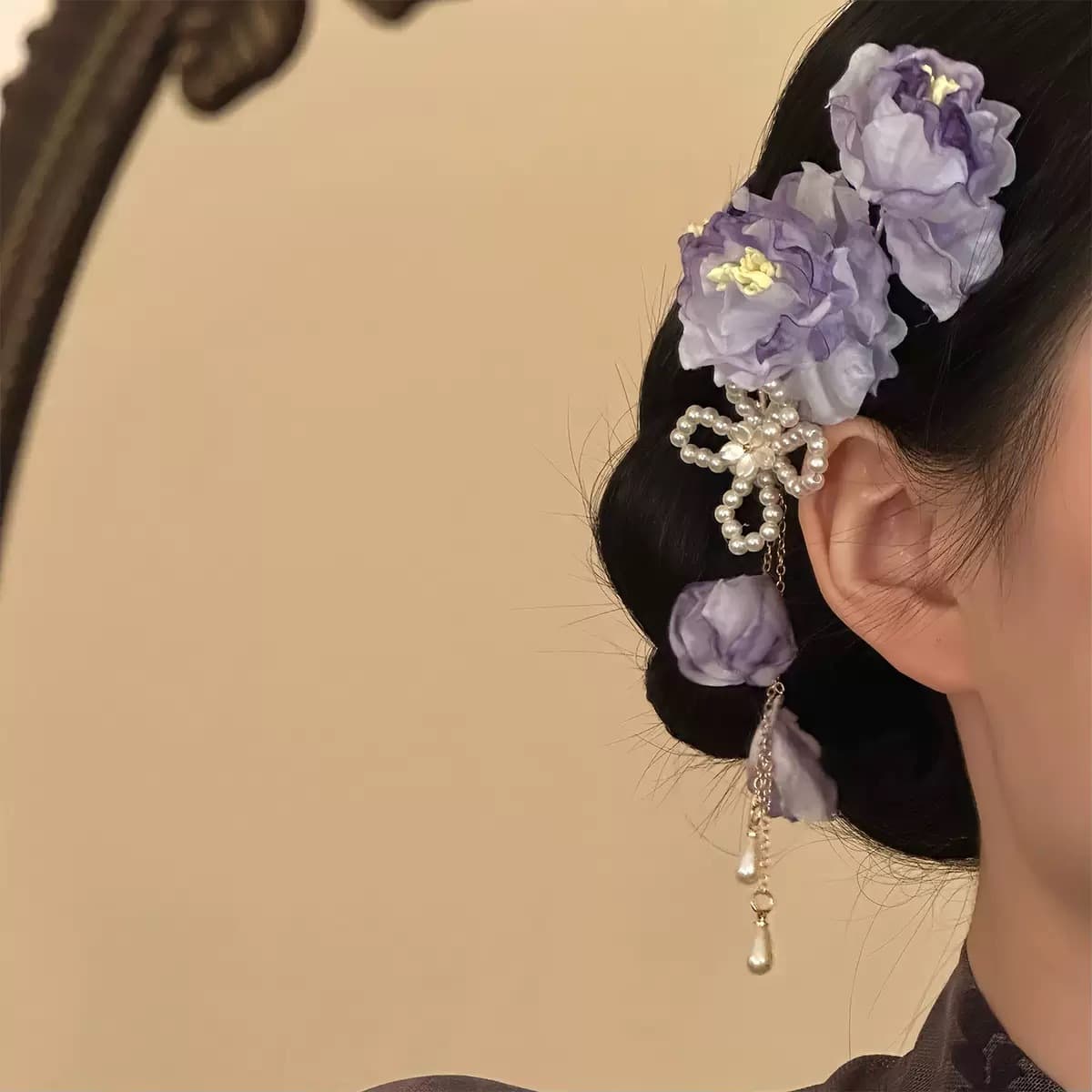 Purple silk flower hairpin