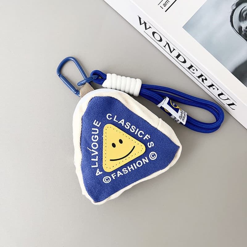 [triangle blue smiley face] + dark blue label lanyard