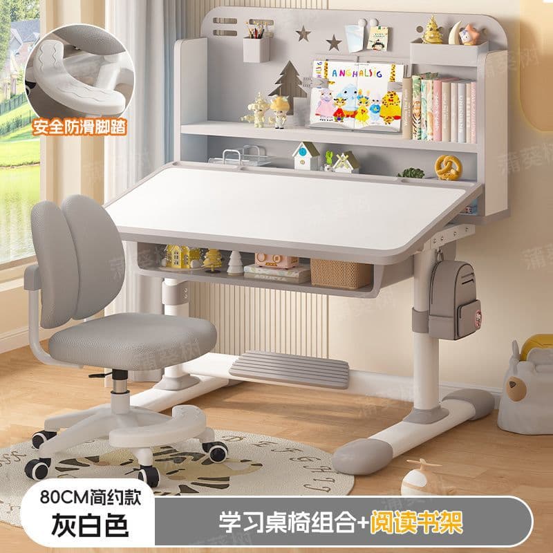 Premium grey [tilting desktop + dual back glides + reading rack] two-zone bookshelf
