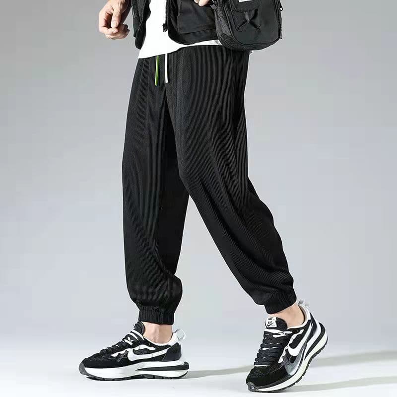 Striped ankle-tied ice silk pants Black