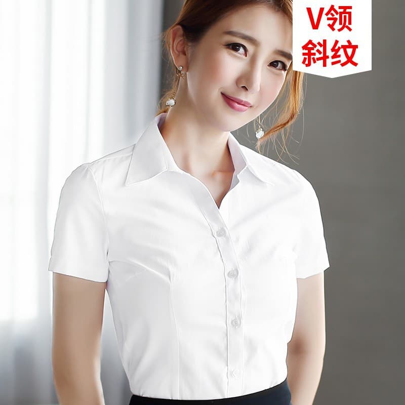 [V collar] white twill short sleeve