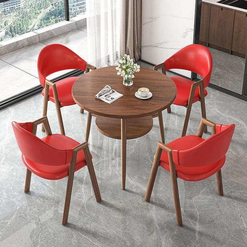 Round table + 4 red leather chairs - walnut legs