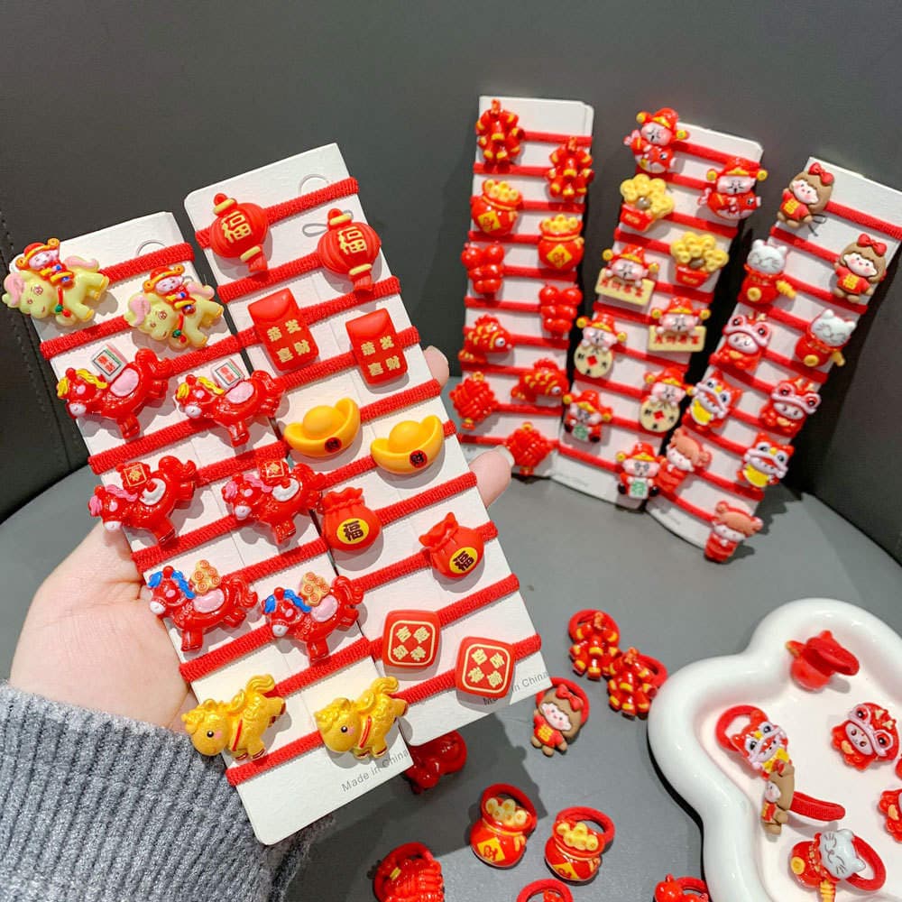 Children's 2026 New Year Red Rubber Bands for Hair, Year of the Horse Hair Ties, Girls' Hair Ropes, Hair Rings, Hair Accessories 4