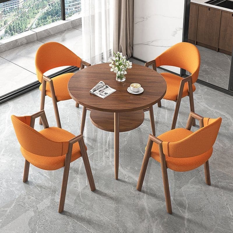 Round table + 4 orange cloth chairs - walnut legs