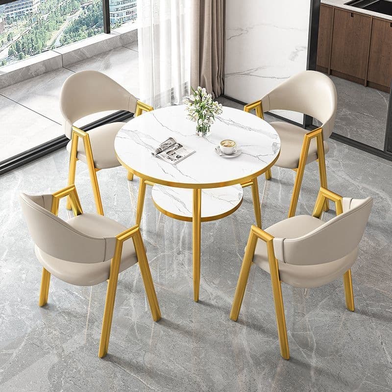 Round table + 4m color leather chairs-gold legs