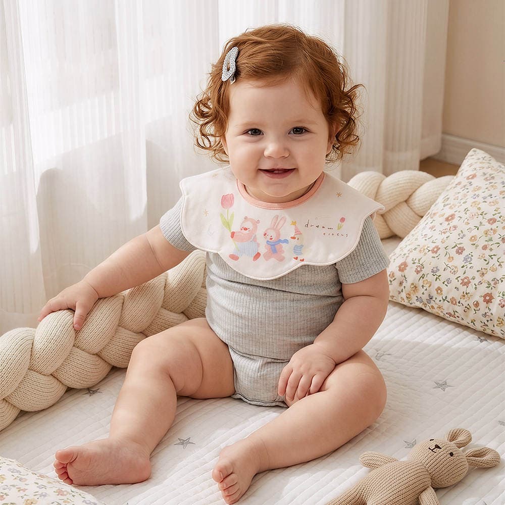 Knitted Fabric Waterproof Bib for Babies, Class a Pure Cotton, Petal-Shaped Bib with Cartoon Print, Double-Sided Use 4
