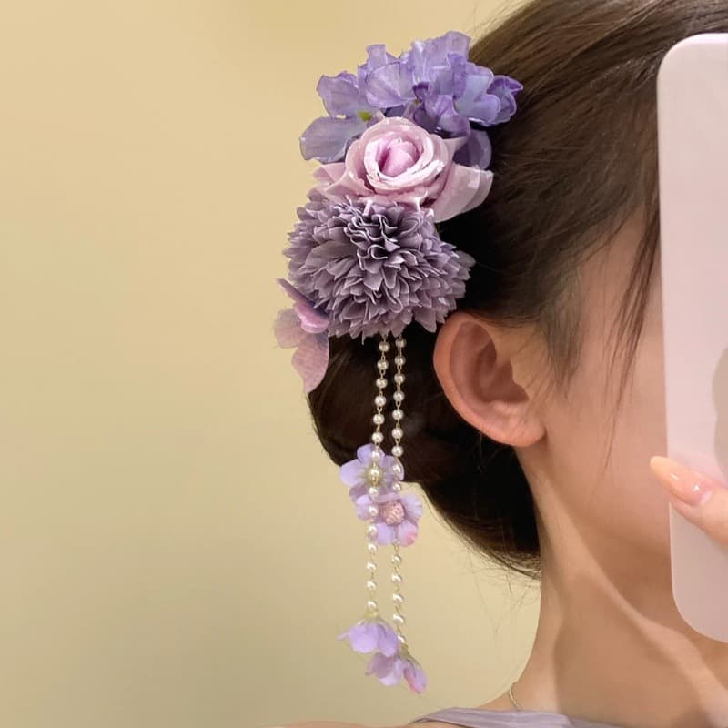 Purple flower tassel hairpin