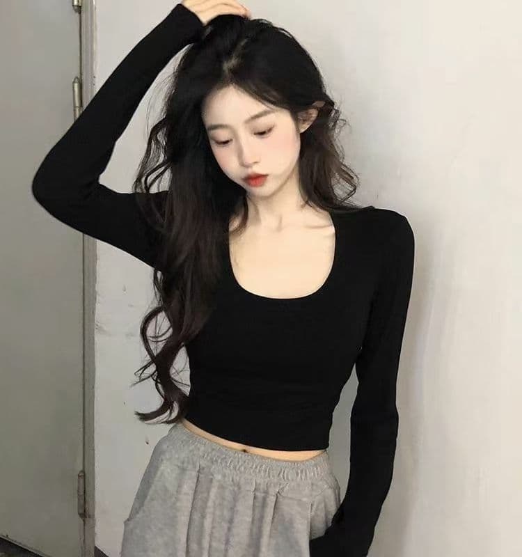 American style shoulder u-neck shortlong sleeves t-shirt black l (recommended 50-60kg ) 1887771285422091002
