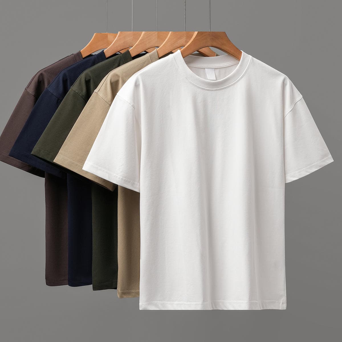 Us Size 320g Heavyweight Double Yarn Pure Cotton Men's Solid Color Short-Sleeve T-Shirt, Summer Loose Fit Base Layer T-Shirt, Customizable 2