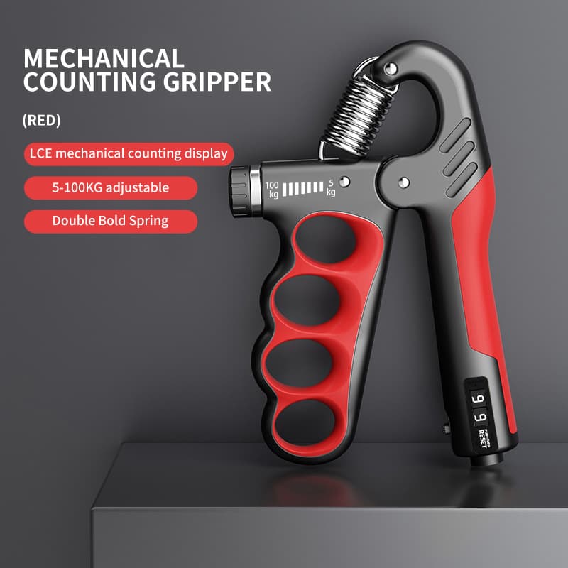Five-finger hand grip strengthener with mechanical counter - black & red