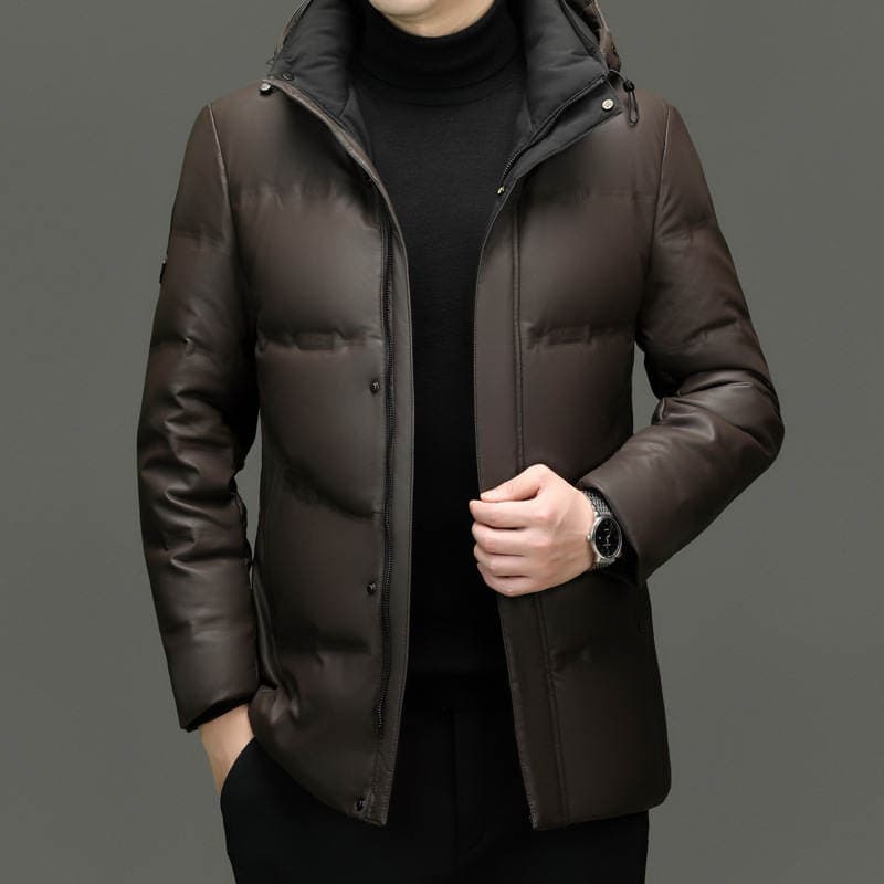 Autumn and Winter New Style Goose down Leather Jacket for Men, Business Casual Hooded Coat, Thickened Leather down Jacket for Middle-Aged Men 2
