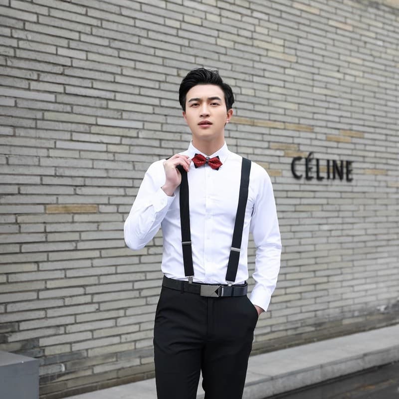 White long shirt + black suit pants + straps