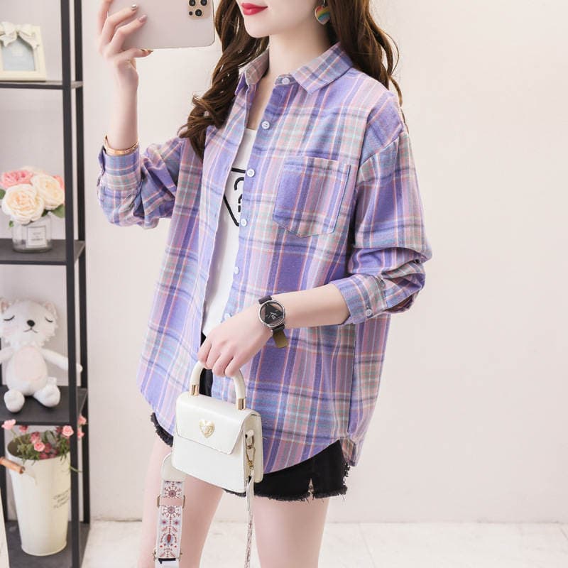 Plaid Shirt women's loose long sleeve Spring and Autumn style versatile casual student spring and autumn plus size Korean style shirt coat cotton 1